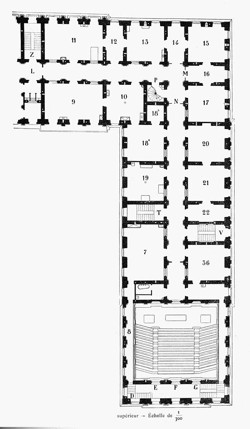 Plan de l'étage supérieur
7 Salle de la section histologique
8 Galerie de 5 fenêtres pour les démonstrations microscopiques
9 Salle pour les vivisections
10 Chambre avec évier et pavage à écoulement central pour les recherches hydrauliques
11 Salle pour les recherches physiologiques
12 Chambre de l'assistant pour la section physiologique
13 Chambre pour les recherches du Professeur
14 Antichambre et collection des tracés
15 Cabinet d'étude du Professeur
16 Chambre de lecture des journaux
17 Bibliothèque
18 Seconde chambre noire interne
19 Chambre d'observation des animaux et aquariums
20-21-22 Collection des instruments
36 Cahmbre privée du Professeur
E-F-G Portes d'entrée de l'amphithéâtre
D Escalier donnant accès à la galerie pour les démonstrations microscopiques
L Entrée du Laboratoire du côté du grand escalier central
P Escalier en colimacon qui met en communication les trois étages du Laboratoire